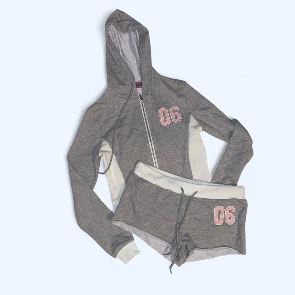 Edikted Gray and White Hoodie and Shorts Set